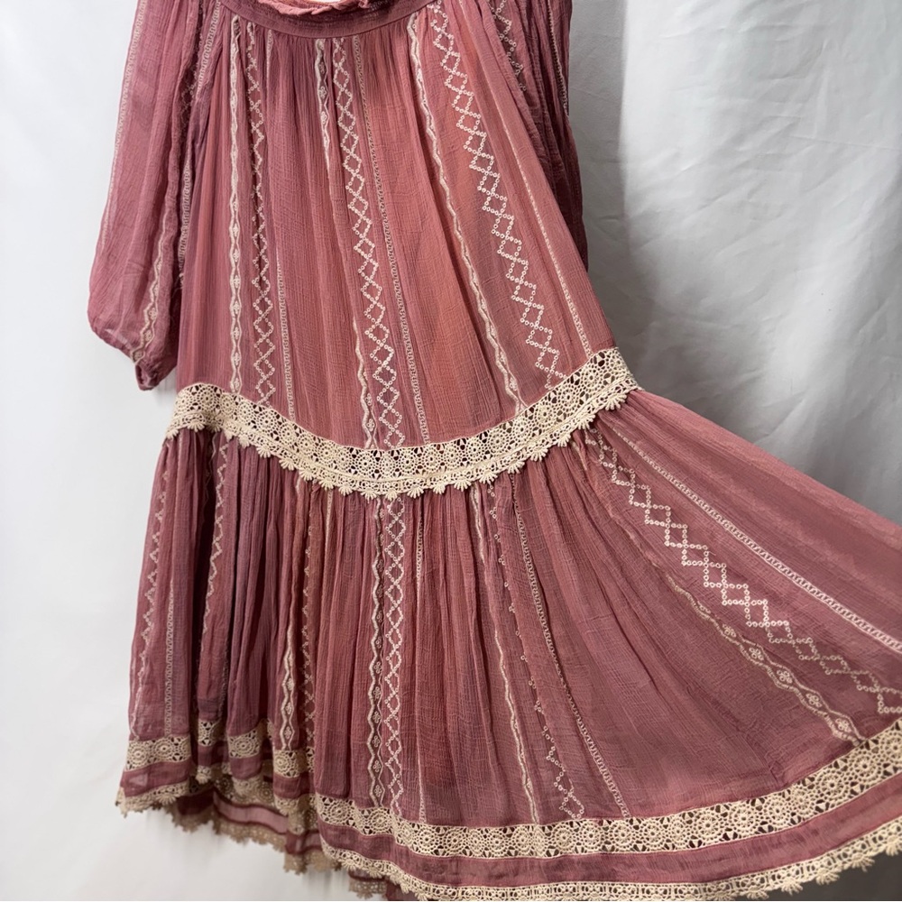Floreat Boho Sweet Lace Peasant Embroidered Dress Dusty Rose-Peach Gauze Large - Picture 6 of 16
